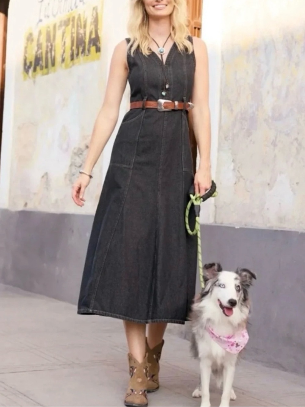 NWT Sundance Poppy Denim Dress Black Midi Belted • Size 14 • 100% Cotton - Picture 2 of 12